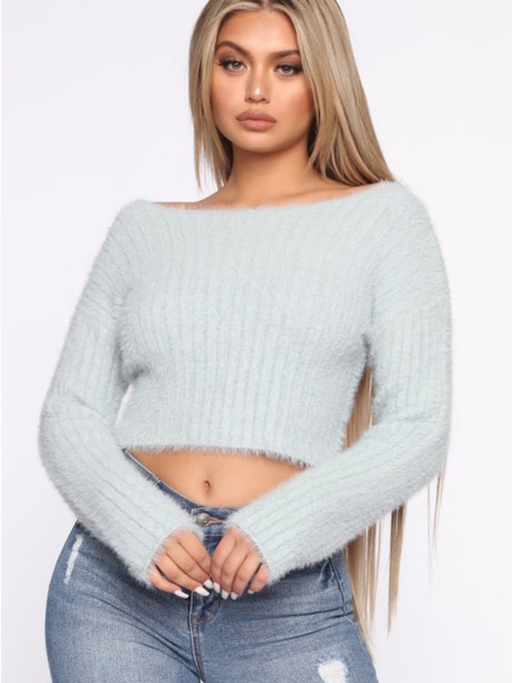 Fashion Nova Fuzzy Ribbed Off-Shoulder Crop Sweater - Light Blue